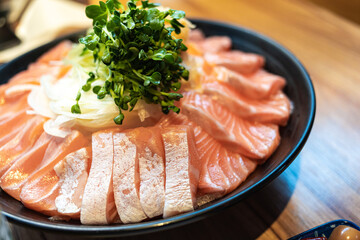 Salmon sashimi on ice, Japanese food izakaya style