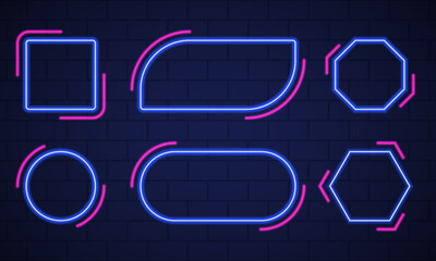 Set of Shiny Neon Frames on Dark Brick Wall Background. Mockup of Neon Blue and Pink Lamp on Wall for Party, Cafe, Club. Frame with Neon Led Border Different Shape. Isolated Vector Illustration