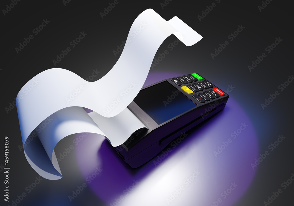 Poster portable atm machine. payment atm terminal. portable banking terminal. blank check tape near it. cas