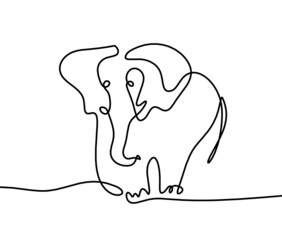 Silhouette of abstract elephant as line drawing on white. Vector