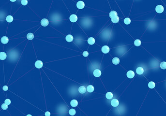 Abstract background. Circles are connected by lines. Background at scientific price. Turquoise bubbles on blue background. Wallpaper for scientific site. Simple geometric pattern. 3d rendering.
