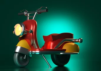Deurstickers Vintage red scooter. Rendering of scooter on dark green background. Red scooter symbolizes delivery man's transport. Motoroller delivery service. Vintage mini motorcycle. Courier motoroller. 3d image © Grispb