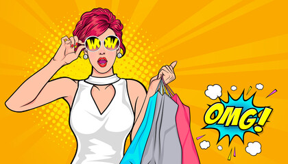 surprised face woman wow in glasses holding shopping bags