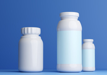 White bottles. Plastic dishes for medicines. Bottles with empty space for title. White plastic jars on blue background. Container for medicines or vitamins. Visualization of bottles. 3d image