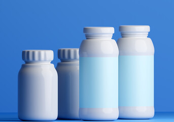 Several plastic bottles on table. Concept - containers for medicines. Set of bottles of different sizes. Ergonomic packaging for something. Bottles without label on blue background. 3d image
