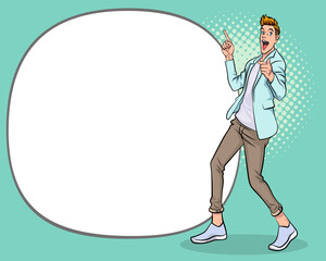 Young Man pointing hand and showing or presenting something smiling