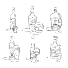 Bottle and glass vodka, whiskey, liquor, beer, wine, rum together in hand drawn style. Beverage outline icon. Restaurant illustration for celebration design. Line art sketch. Black contour object.