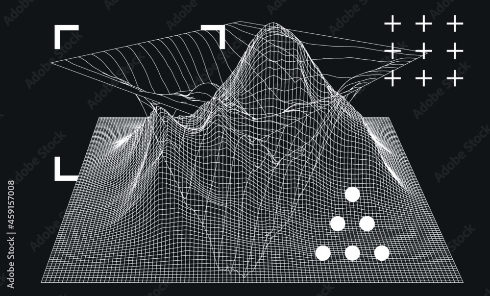 Poster 3D polygonal mountain landscape in retrofuturistic style. Concept of data visualization and  machine learning.