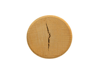 An old, cracked wooden bottle stopper. Isolated on a white background, top view