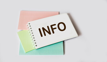 Information word written on a sticker. Info text on white background