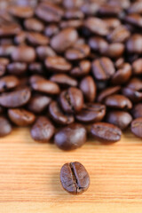 Closeup of a Robusta Roasted Coffee Bean with Blurry Coffee Beans Pile in Background