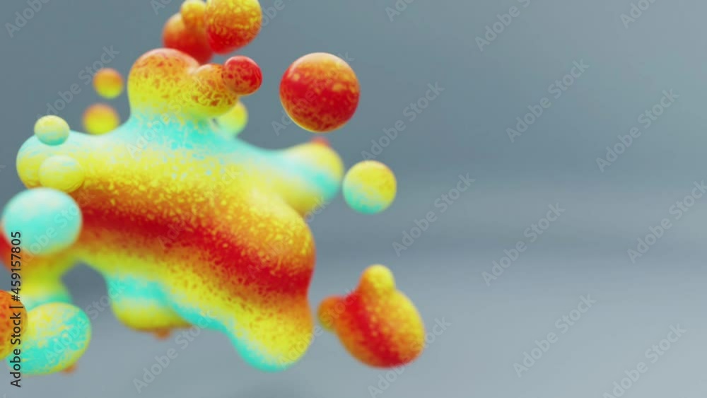 Poster liquid rainbow multicolored animated metaball or organic floating spheres blobes drops or bubbles 3d