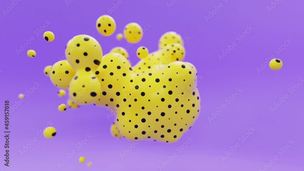 Poster liquid animated metaball with dotted yellow pattern or organic floating spheres blobes drops or bubb