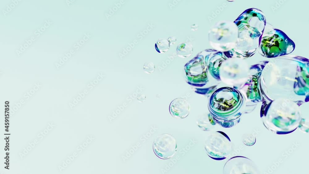 Poster liquid iridescent transparent clean soapy animated metaball or organic floating spheres blobes drops