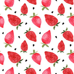 watercolor pattern, red berry, strawberry, bright berries on a white background, summer, food. Ideal for printing on fabric and wallpaper