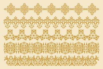 A set of five decorative borders. Damascus frames in old style. Vector design element. Computer graphics.