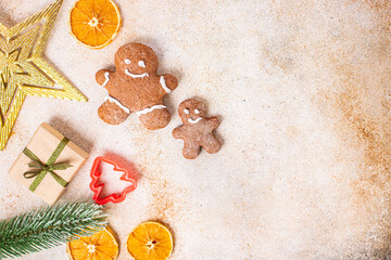 gingerbread cookies christmas card sweet new year treat dessert cinnamon, ginger fresh meal snack on the table copy space food background rustic top view