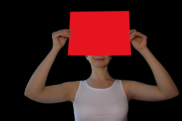 the person, the woman to hold the poster, color, the sheet of paper, the place for the text...