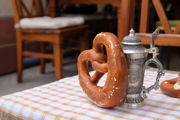 Saulheim, Rhineland-Palatinate, Germany. Juli 29, 2021. Beer still life with traditional pretzel...