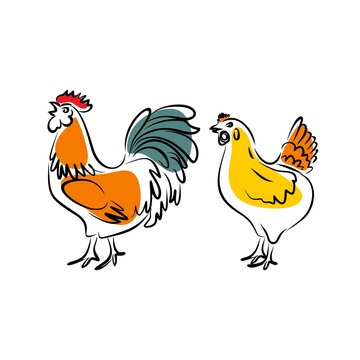 Hand-drawing rooster and chicken. Cute farm birds. Vector illustration