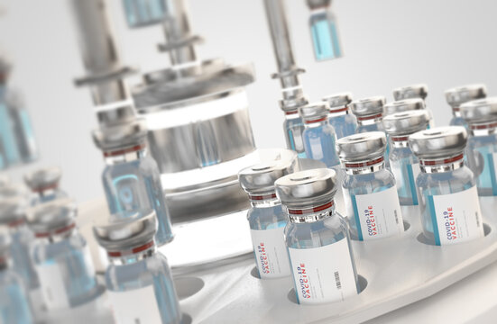 Coronavirus Covid-19 vaccine. Vaccination bottles. Production logisitcs or science 3d-illustration
