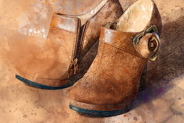Brown women's boots. A pair of suede shoes. Digital watercolor painting.