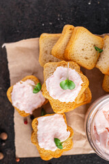 fish butter spread shrimp Smorrebrod seafood sandwich bread capelin caviar fresh meal snack copy space food background rustic 