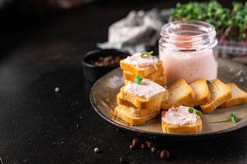 fish butter spread shrimp Smorrebrod seafood sandwich bread capelin caviar fresh meal snack copy space food background rustic 