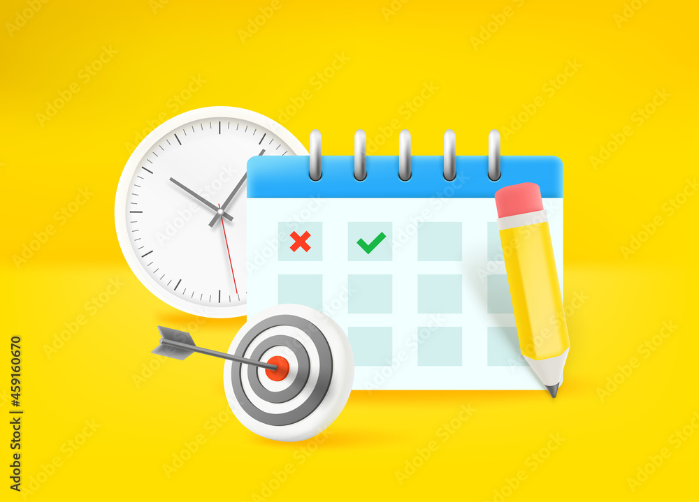 Poster time management concept. paper calander, dart and clock