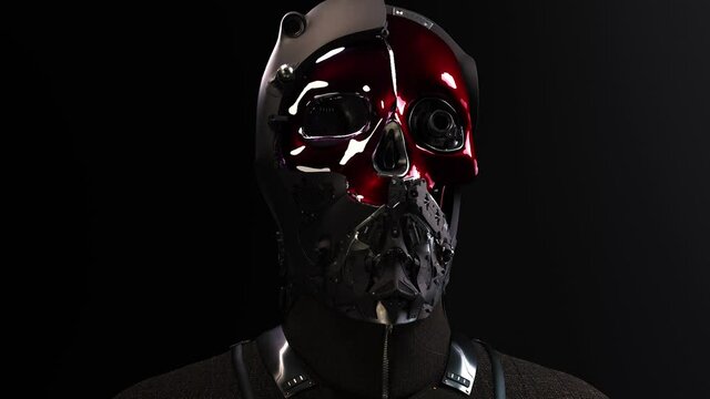 3D composite illustration of Cyborg with a skull face pilot, aviator with multiple optical elements, different lenses to capture all in details. 3D rendering. Art. Isolate render with alpha.	
	
