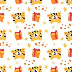 Seamless pattern cartoon new year tigers with gifts. Print for background, wrapping, fabric, wallpaper. Vector illustration for children.