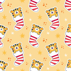 Seamless pattern cartoon festive tiger cubs in Christmas socks. Print for background, wrapping, fabric, wallpaper. Vector illustration for children.