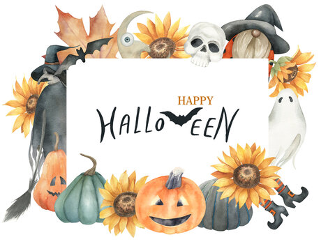 Watercolor halloween wreath. Hand painted background with  ghost, witch, gnome,bat, pumpkins, sunflower. Holiday frame