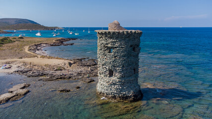 Aerial view of the Genoese tower Santa Maria di la Cappella on the Cap Corse in Upper Corsica,...