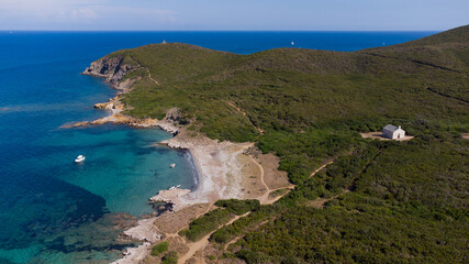 Aerial view of the Santa Maria beach on the Cap Corse in Upper Corsica, France - Empty beach with...