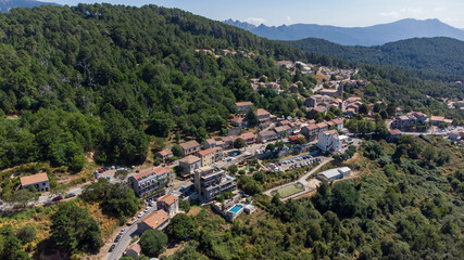 Fototapeta na wymiar Aerial view of the mountainous village of Zonza in the South of Corsica, France