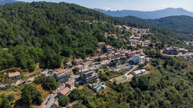 Aerial view of the mountainous village of Zonza in the South of Corsica, France