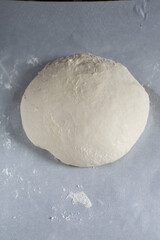 No knead bread dough left to rise, ball of high hydration bread dough on parchment paper
