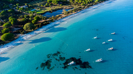 Luftaufnahme des Strandes von Palombaggia im Süden von Korsika, Frankreich - Berühmter Pinienwald auf der Insel Korsika, in der Nähe des türkisfarbenen Wassers des Mittelmeers