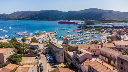 Aerial view of the Bastion de France in Porto-Vecchio in the South of Corsica, France - Medieval citadel by the Genoese in front of the Mediterranean Sea - obrazy, fototapety, plakaty