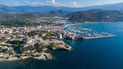 Aerial view of Saint Florent, a coastal town on the Cap Corse in Upper Corsica, France