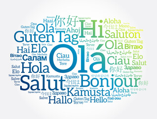 OLA (Hello Greeting in Portuguese) word cloud in different languages of the world