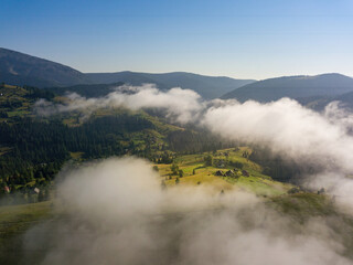 A thin morning fog covers the Ukrainian mountains. Green grass on the slopes of the mountains. A curly thin fog spreads over the mountains. Aerial drone view.