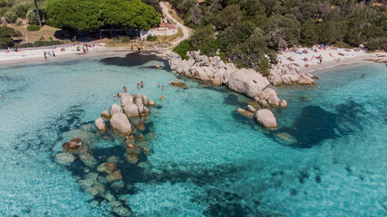 Aerial view of some sea rocks in the bay of Santa Giulia in the South of Corsica, France - Beach...
