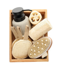 Fototapeta na wymiar Set of toiletries with natural loofah sponges in wooden crate isolated on white, top view