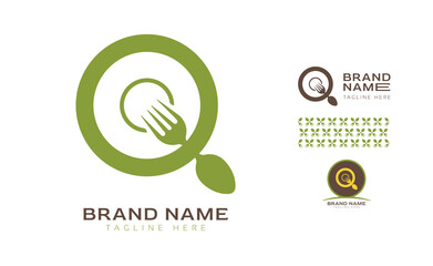 Creative bold letter Q and O logo using Fork and Spoon for food business, hotel, restaurant, fast food, eats including pattern and logo variants for branding designs