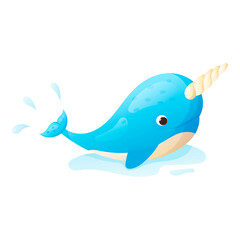 Isolated vector illustration of a cute cartoon baby narwhal with a horn splashing in a puddle of water.