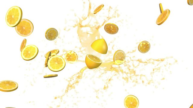 Lemon with blast of lemon slices. Lemon juice splashing in the background in slow motion.