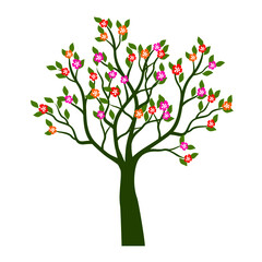 Spring tree. Red flowers. Vector illustration.
