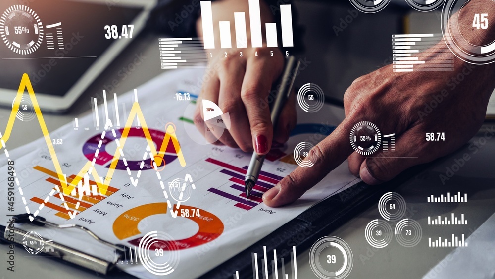 Poster conceptual business dashboard for financial data analysis . 3d render computer graphic .